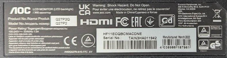 Монитор AOC Q27P2Q 27 дюймов 2K 75 Гц IPS
