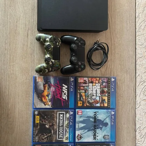 PS4 Slim 1 TB, 2 геймпада, 7 игр