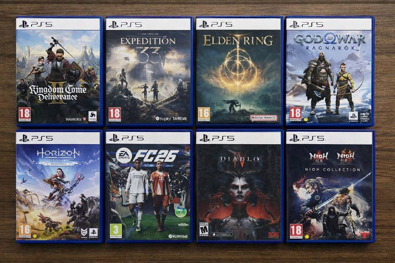 Игры на дисках для PS5 Kingdom come Deliverance II, Clair Obscur Expedition 33, Horizon Zero Down Remastered, FC26, God of war Ragnarok, Elden ring, Diablo IV, Nioh