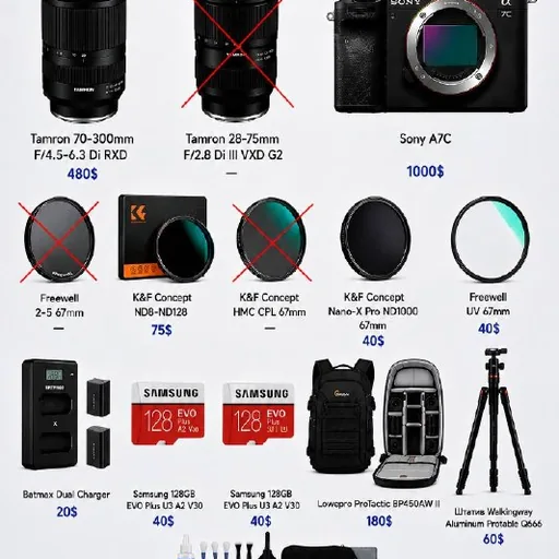 Sony A7C, Tamron 70-300mm, фильтры, карты памяти, рюкзак, штатив