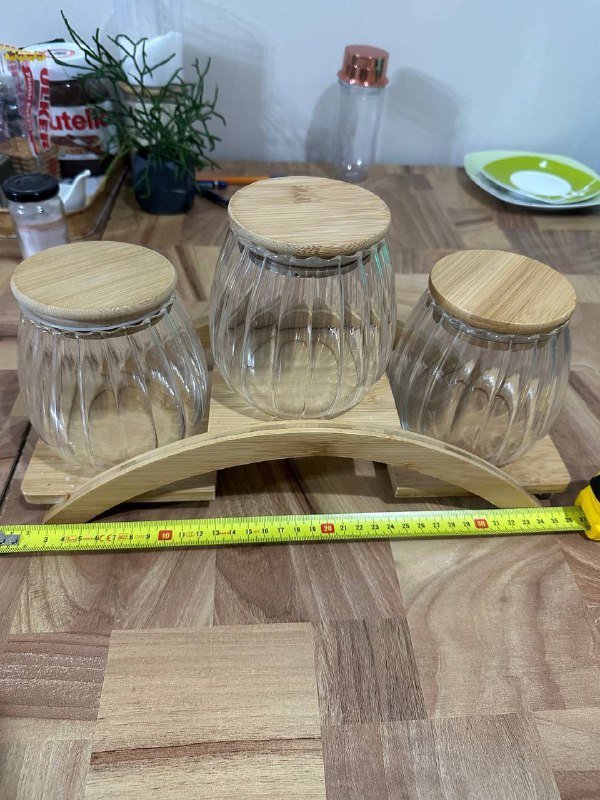 набор стеклянных банок с бамбуковыми крышками, ваза, набор посуды, столовый набор, набор бокалов, кружки, дозатор 1