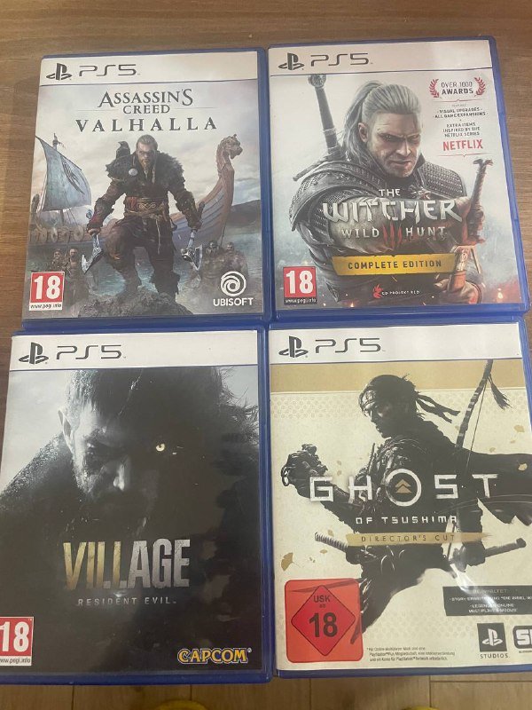 Assassin's Creed Valhalla, Witcher Wild Hunt, Resident Evil Village, Ghost of Tsushima PS5