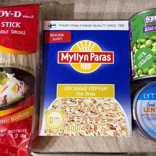 Рисовая лапша, овсяные отруби, горошек, чечевица