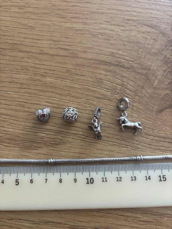 Браслет пандора, шармы сердце, цветок, птичка, единорог 2