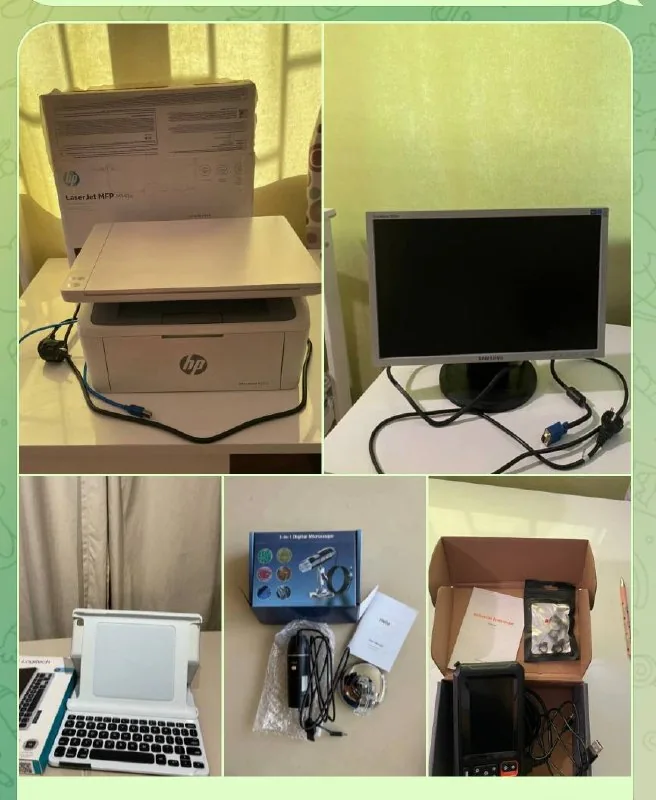 HP LaserJet MFP M141a, монитор Samsung, клавиатура Logitech, USB-микроскоп, эндоскоп