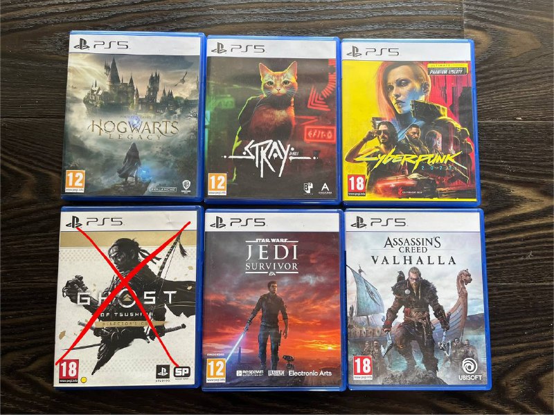 Play Station 5, Hogwarts legacy, Stray, Cyberpunk Ultimate Edition, Jedi survivor, Assassin Creed Valhalla 2