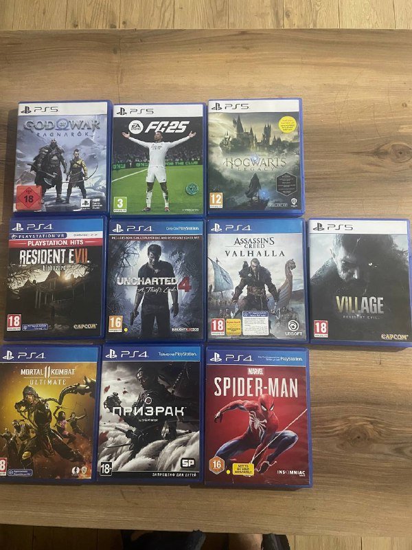 God of War Ragnarok, FC25, Hogwarts Legacy, Resident Evil 7, Uncharted 4, Assassin's Creed Valhalla, Resident Evil Village, Mortal Kombat 11, Ghost, Spider-Man PS4 PS5 games