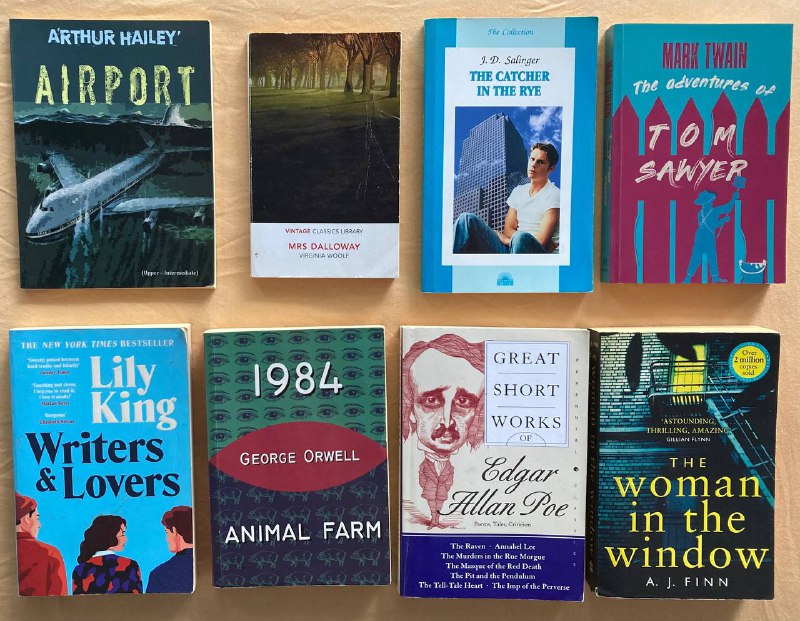 Airport, Mrs Dalloway, The catcher in the rye, Writers & Lovers, 1984 Animal farm, Great short works, The woman in the window