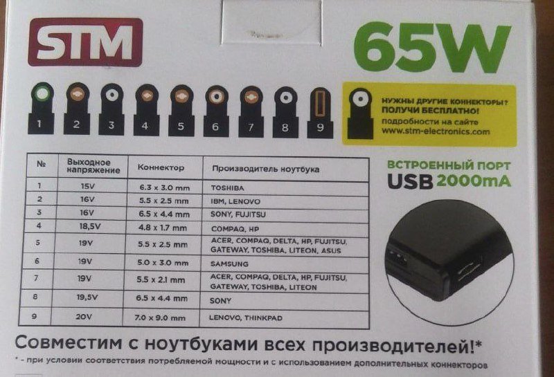 Адаптер питания универсальный STM SLU65 для ноутбуков 2