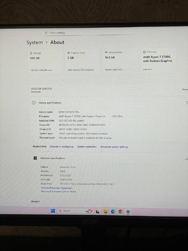 ПК с монитором Acer Nitro 4K 165Hz, Ryzen 7 5700G, 16GB RAM, 512GB SSD 4