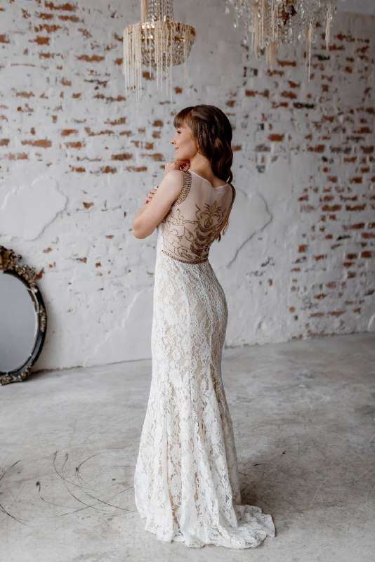Свадебное платье с камнями, айвори с кружевом 7