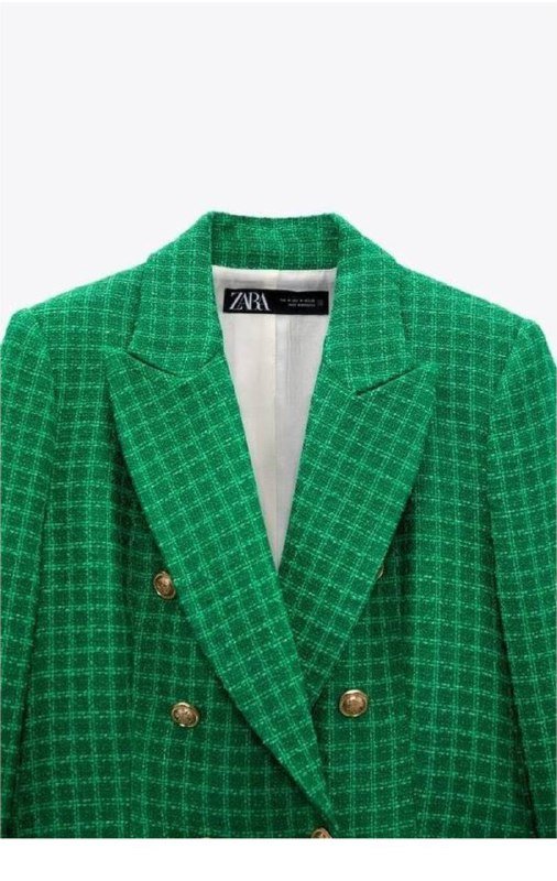 Двухбортный пиджак Zara зеленый в клетку с золотыми пуговицами 4