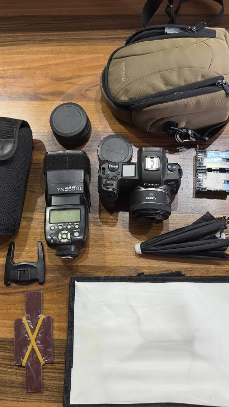 Камера Canon EOS R, объектив 50mm RF, вспышка, аксессуары