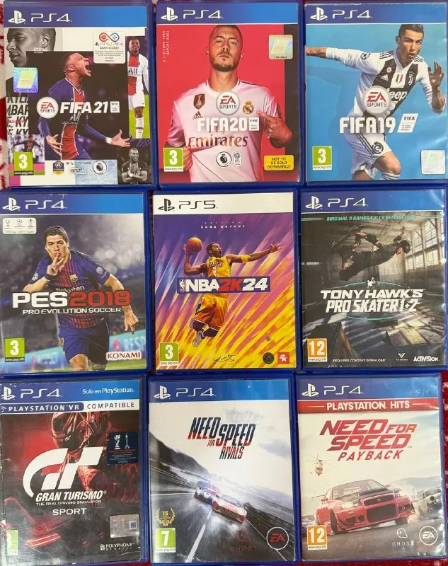 FIFA 21, FIFA 20, FIFA 19, PES 2018, NBA 2K24, Tony Hawk’s Pro Skater 1 + 2, Gran Turismo Sport, Need for Speed Rivals, Need for Speed Payback