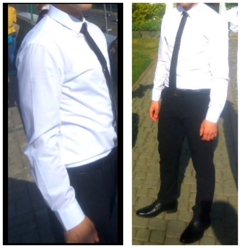 Рубашка классическая белая, рубашка серая, галстук с зажимом, брюки черные 5