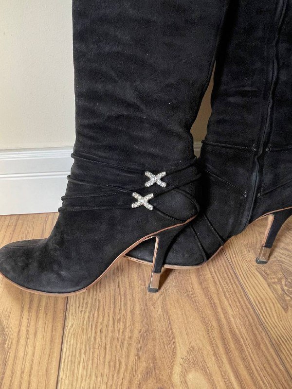 Винтажные замшевые сапоги до колена чёрные, 37 размер 4