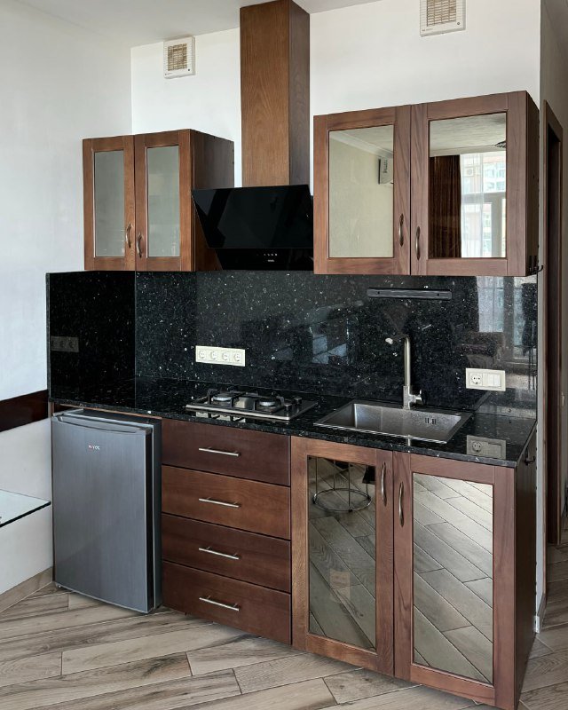 Кухня, холодильник, газовая печь, вытяжка, раковина