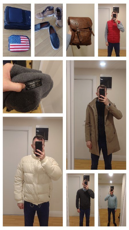 Чемодан большой, чемодан малый, обувь, рюкзак, шарф, жилетка, пуховая куртка, свитера, пальто