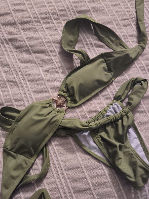 Румяна, лак для ногтей, подвески жемчуг, фен, купальник хаки XS 5