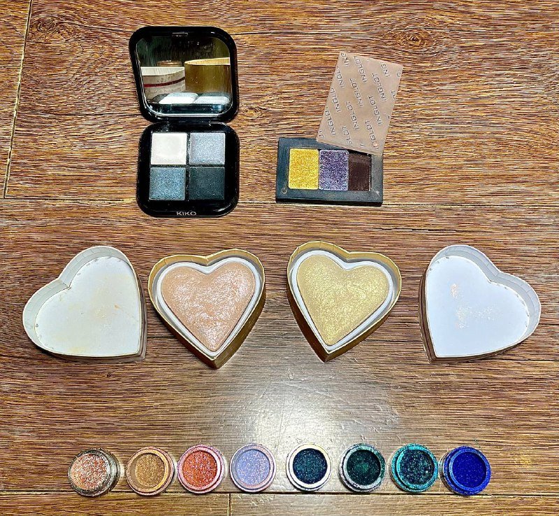 Тубус для кистей Manly Pro, Палетка теней Kiko, Магнитный кейс Inglot, Хайлайтеры Revolution, Пигменты Tammy Tanuka 5