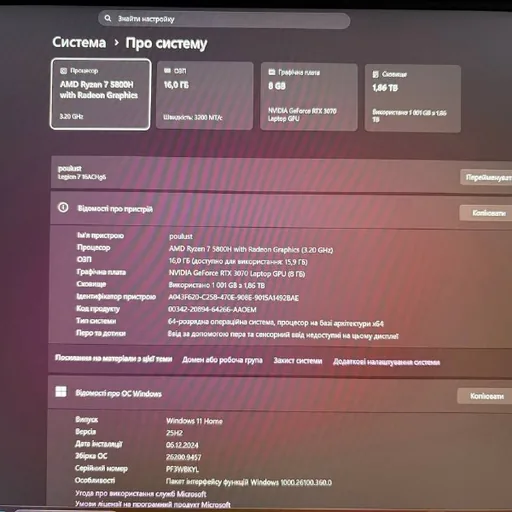 Ноутбук Lenovo Legion 7 RTX 3070 Ryzen 7 5800