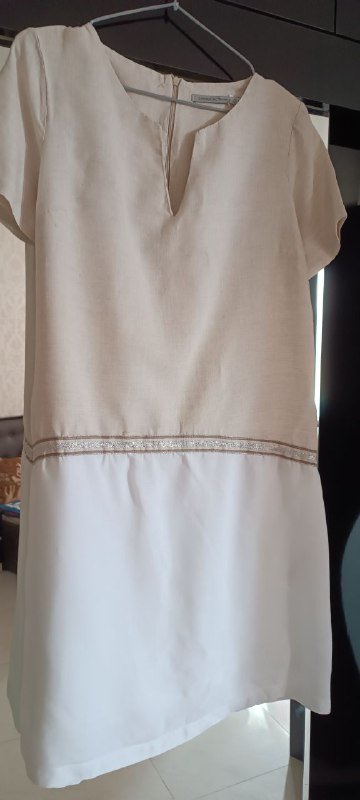 Платье лён бело-бежевое, цветное, синее, Springfield размер М