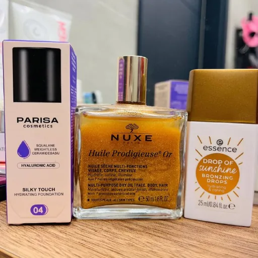 NUXE Huile Prodigieuse Or, Essence Drop of Sunshine, Parisa Silky Touch Foundation
