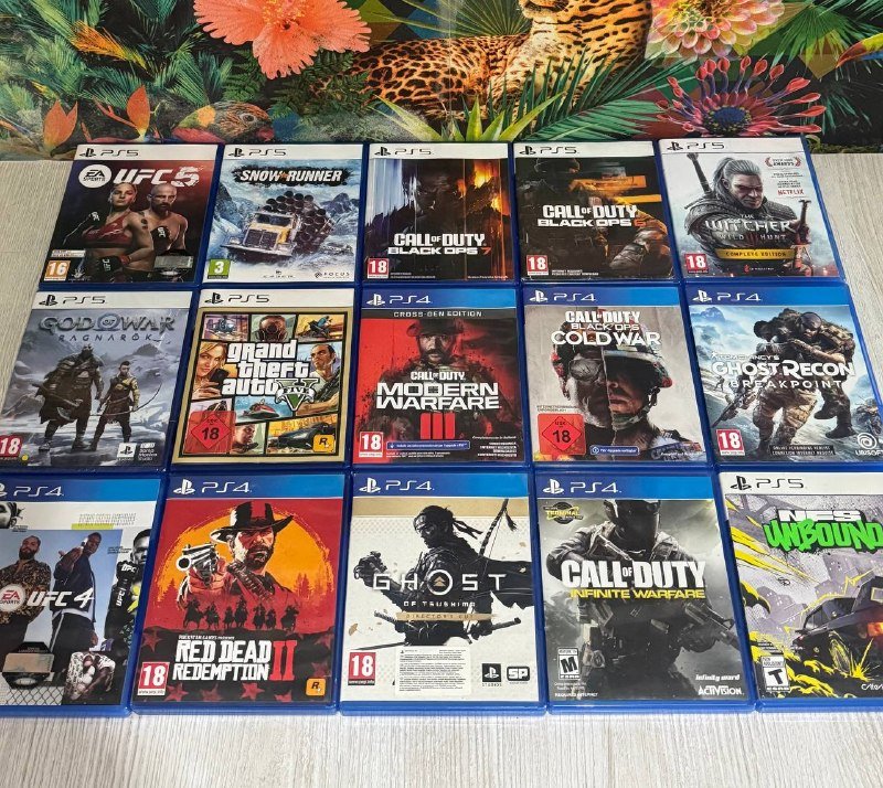 PlayStation games UFC 5, Snowrunner, Call of Duty, Witcher, God of War, GTA 5, Red Dead Redemption II, Ghost of Tsushima