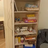 Стеклянный столик, стол из фанеры, вешалки, стеллаж 9
