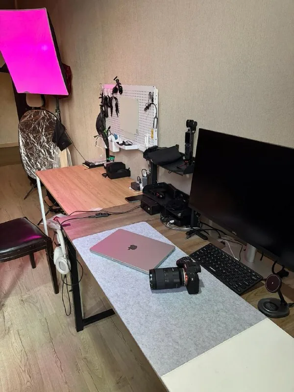Стол, монитор, гитара, MacBook Pro, камера 1