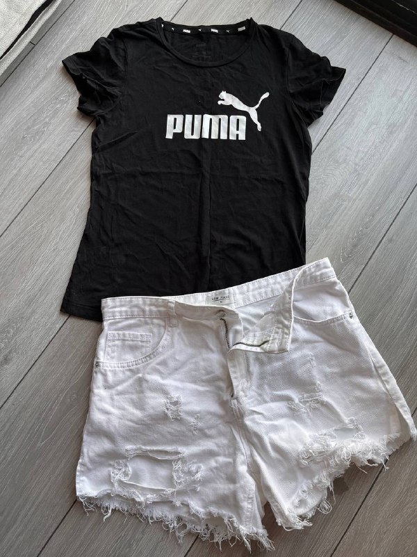 Футболка Puma, белые шорты рваные, размер М