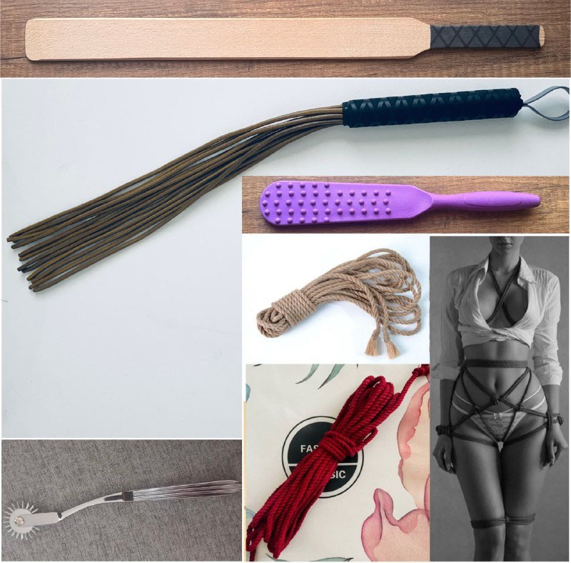 Падл из натурального бука, флоггер, шипы, веревка шибари, колесо Вартенберга