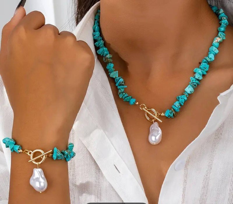 Набор ожерелье и браслет бирюза искусственный жемчуг 3