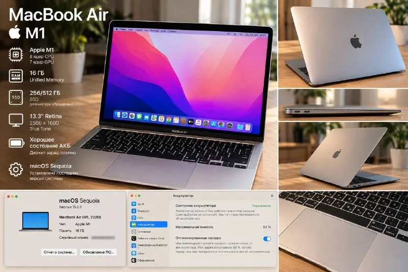 MacBook Air M1 2020, 16 ГБ RAM, 256 ГБ SSD