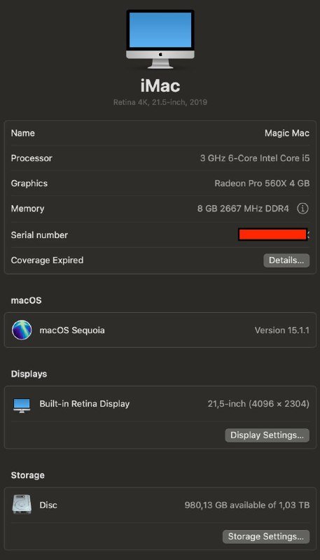 iMac Retina 4K 21.5-inch 2019 3GHz 6-Core i5 1.03TB 2