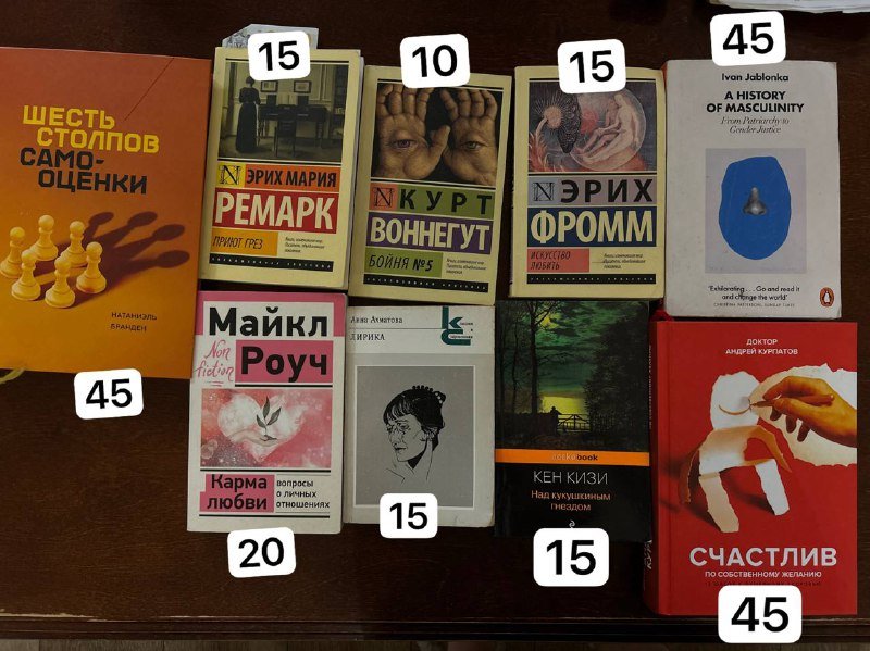 Книги: шесть столпов самооценки, ремарк, бойня #5, искусство любить, карма любви, Лирика, над Кукушкиным гнездом, счастлив по собственному желанию, a history of masculinity