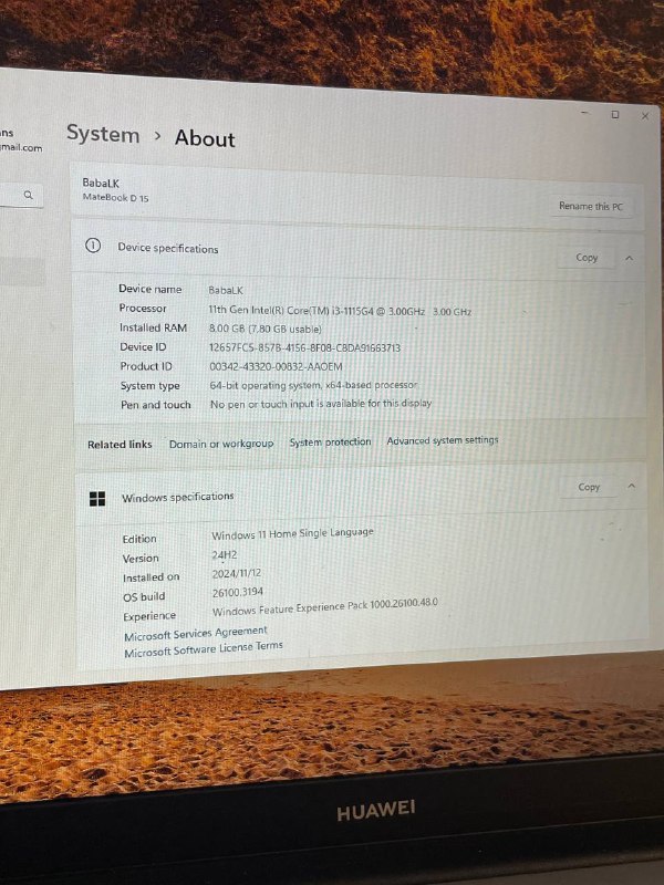 MateBook D15 ноутбук Intel Core i3 8GB 256GB SSD 3