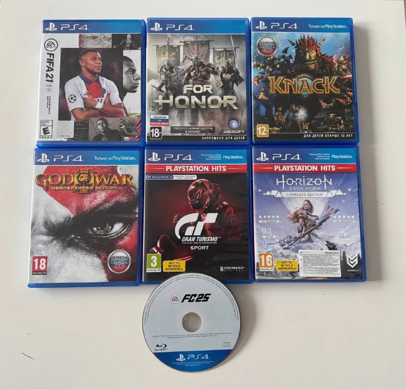 Диски для Sony PS4: FIFA 21, For Honor, Knack, God of War Remastered, Gran Turismo Sport, Horizon Zero Dawn, FC 24