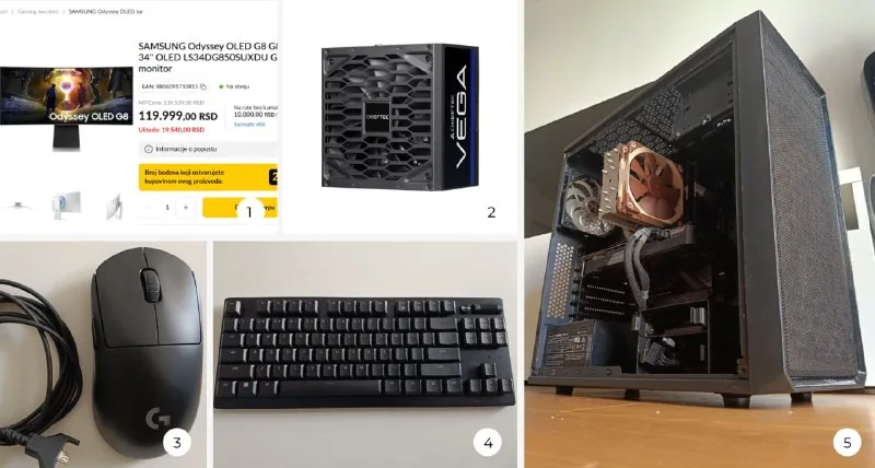 Монитор SAMSUNG Odyssey G8, блок питания CHIEFTEC Vega 850W, мышь Logitech G PRO Wireless, клавиатура Razer DeathStalker V2 Pro, ПК i7 9700KF RTX 2060 Super