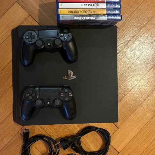 PlayStation 4, 2 controllers, games, cables