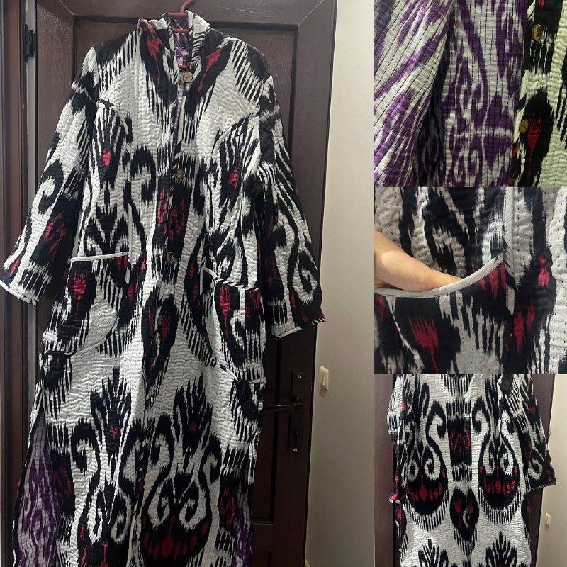 Стеганый плащ с национальным принтом и капюшоном