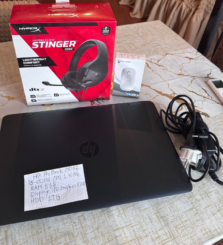 Ноутбук HP ProBook с зарядником, мышью и наушниками HyperX 3