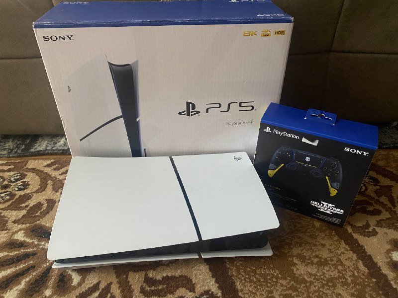 Ps5 slim версия с дисководом, геймпад, коробка, провода, подставка