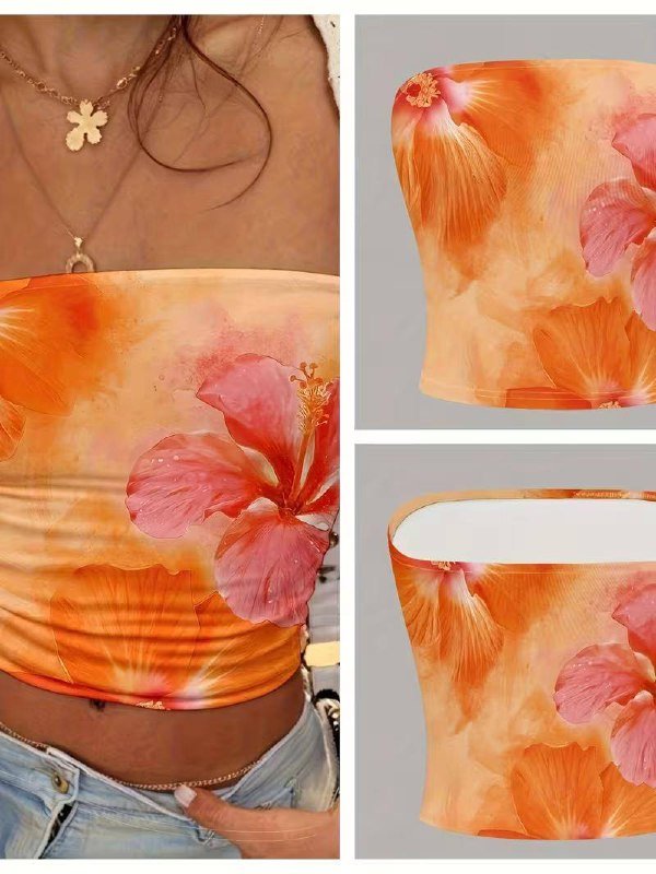 Топ бандо оранжевый с цветочным узором, размер S-M