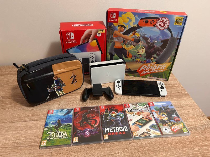 Nintendo Switch, фитнес кольцо, 5 игр, сумка-чехол