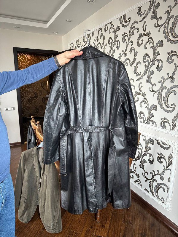 винтажный мужской кожаный плащ пальто черного цвета L XL 2