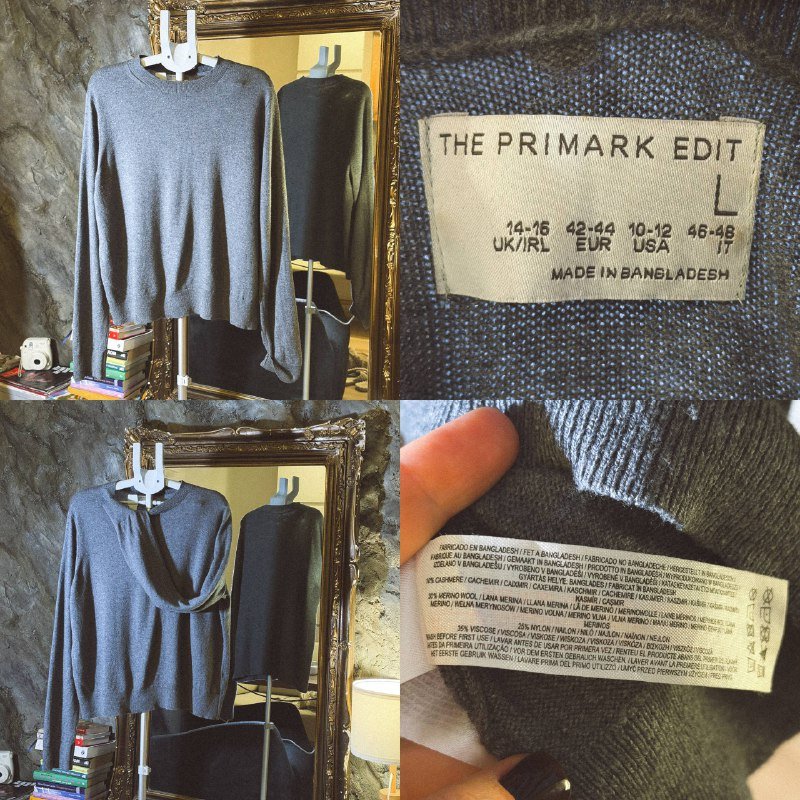 Серый свитер PRIMARK размер L с кашемиром и мериносом