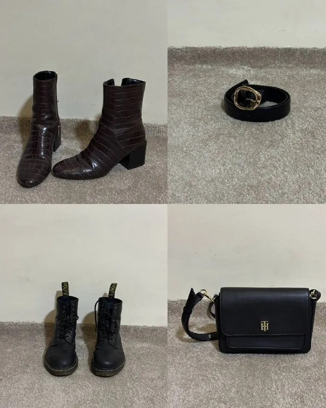 Ботинки Zara и Dr. Martens, ремень Mango, сумка Tommy Hilfiger, фен, бигуди, сушилка, бутылка, зеркало 1