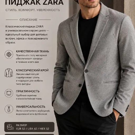 Мужской пиджак ZARA серый
