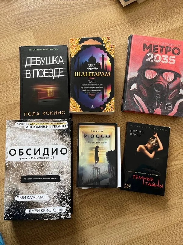 Книги «Девушка в поезде», «Шантарам», «Метро 2035», «Тёмные тайны», «Девушка из Бруклина», «Обсидио»